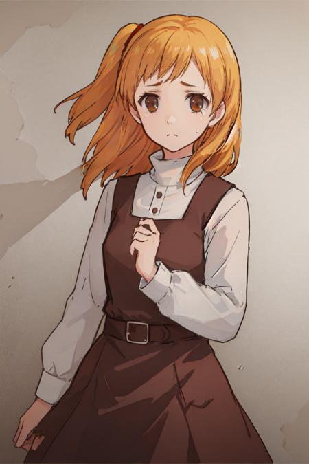 masterpiece,best quality,1girl, solo, looking at viewer,<lora:Rakishu-000035:0.6>,long sleeves, brown eyes, belt, orange hair, white shirt, tears,simple background