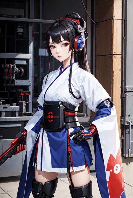 best quality, high_resolution, distinct_image, detailed background ,hanbok,fused robot,girl,holding weapon,mecha musume:0.5, in factory,exoskeleton,