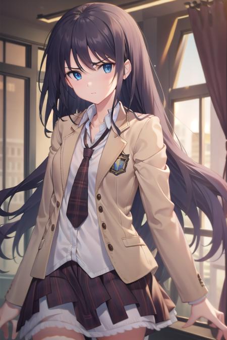 senaaoi, <lora:senaaoitest:1>,
sena aoi, long hair, blue eyes, black hair, slanted eyes, narrows, angry,
BREAK skirt, school uniform, jacket, necktie, plaid, plaid skirt, blazer, (brown blazer:1.2), (brown jacket:1.2),
BREAK looking at viewer,
BREAK indoors, classroom,
BREAK <lora:GoodHands-vanilla:1>, (masterpiece:1.2), best quality, high resolution, unity 8k wallpaper, (illustration:0.8), (beautiful detailed eyes:1.6), extremely detailed face, perfect lighting, extremely detailed CG, (perfect hands, perfect anatomy),