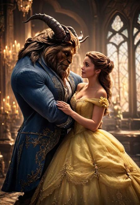 Beauty and the Beast, high quality photograph, fairy tale, cinematic lighting, detailed textures, enchanting atmosphere, fantasy, romantic, intricate costume design, high resolution