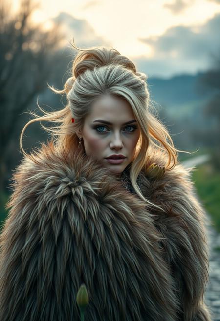 glamour shot,(dark mood masterpiece Photography by Mario Giacomelli:1.2),high quality, 8K Ultra HD, beautiful Eskimo women warrior wearing thick fur over her entire body, fur coat, blonde hair, extremely elaborate hair updo, fur, beautiful, full depth of field and realistic textures, colorful, atmospheric haze, Film grain, cinematic film still, highly detailed, high budget, cinemascope, moody, epic, OverallDetail, gorgeous, 2000s vintage RAW photo, photorealistic, candid camera, color graded cinematic, eye catchlights, atmospheric lighting, imperfections, natural, shallow dof. detailed background,( Calm spring night landscape), amongst lush greenery, beautiful view, lily flower in full bloom, lily flower, early morning, sunrise sky, beautiful clouds, dappled sunlight, beautiful, Tranquil Lake, Walkway, petals dancing in the wind, depth of field, masterpiece, best quality, ultra-detailed, very aesthetic, illustration, perfect composition, intricate details, absurdres, moody lighting, wisps of light, no humans,