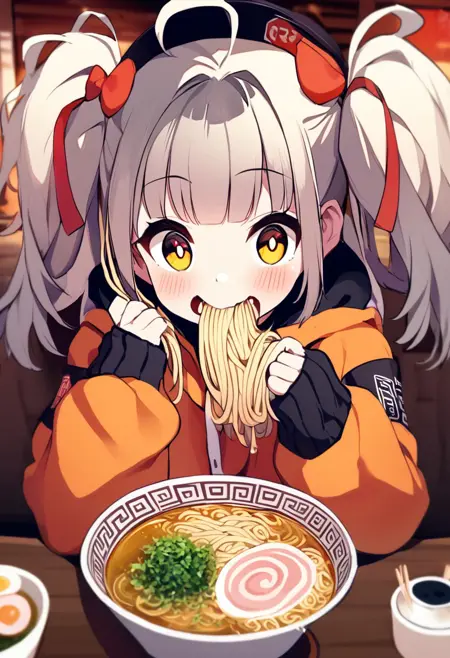 AI drawing anime characters eating ramen