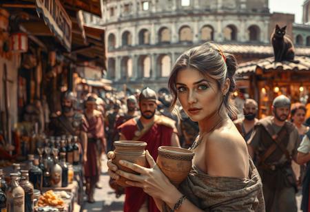 Setting is a 1st century Roman Empire market in Rome, the market is comprised of street vendors selling, food, weapons, and clothing. Everyone and everything in the image is appropriate for a scene from Ancient Rome, People wearing Roman clothing are walking through the crowded chaotic street market shopping and eating, in the foreground is a merchant selling beverages and food at a market kiosk, (((a beautiful woman, 24 years old is standing in the foreground, the woman  facing the viewer with a clay goblet of wine in her hand. Her eyes are beautiful and focused on the viewer, she has an expression of interested curiosity))), Roman Soldiers are walking behind the beautiful woman, one of the solders turns to look at the beautiful woman, many people are walking by in the busy street market, the woman is dressed in high fashion Roman Empire clothing with an alluringly sexual, but traditional roman aesthetic. The woman's hair is elegantly tied up with a ribbon. Artistic ancient Roman aesthetic, dynamic perspective, (((overall architectural aesthetic is Ancient Rome in 1st Century Roman Empire era))).  Epic image that elicits a feeling of wonder and awe, Rome Coliseum Roman Forum architecture in background, a sleek black cat is visible sitting on a kiosk roof in the background,