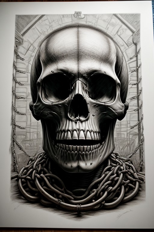 In the foreground: Skull:: DNA:: hourglass, in the background: roots:: wall: chains:: hyper detailed, beautifully color, insane detail, macabre, Ink style, pencil drawing, hyper realistic, spraypaint urban hiphop style, Post Processing, Post-Production, insanely detailed, hypermaximalist, elegant, hyper realistic, super detailed, photography, 64k, HDR