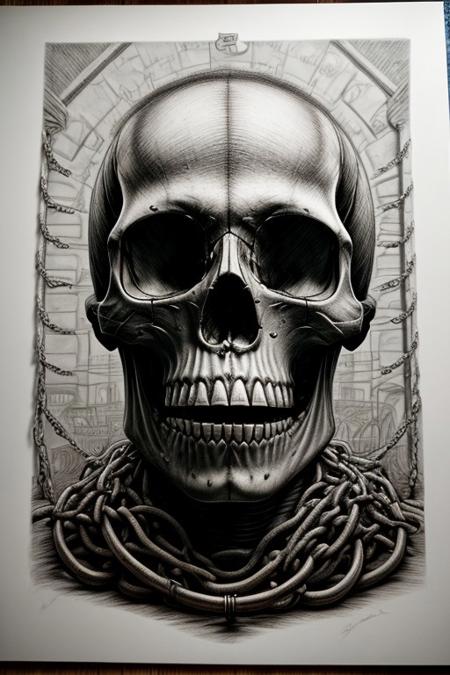 In the foreground: Skull:: DNA:: hourglass, in the background: roots:: wall: chains:: hyper detailed, beautifully color, insane detail, macabre, Ink style, pencil drawing, hyper realistic, spraypaint urban hiphop style, Post Processing, Post-Production, insanely detailed, hypermaximalist, elegant, hyper realistic, super detailed, photography, 64k, HDR