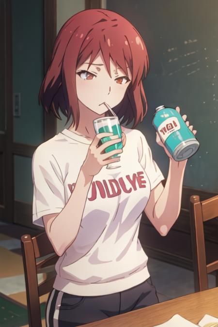 best quality, masterpiece, highres, solo, {sengoku_chihiro_sakurasounopetnakanojo:1.15}, short_hair, red_hair, brown_hair, brown_eyes, red_eyes, 1girl, can, closed_eyes, drinking, upper_body, shirt