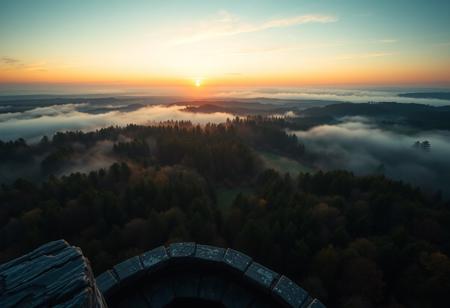 mist, a wide vista, forests and vast open grasslands, medieval, D&D, real photo, 4k, high contrast, vibrant colours, movie still, sunset, rich colours, view from the top of a stone watchtower looking out