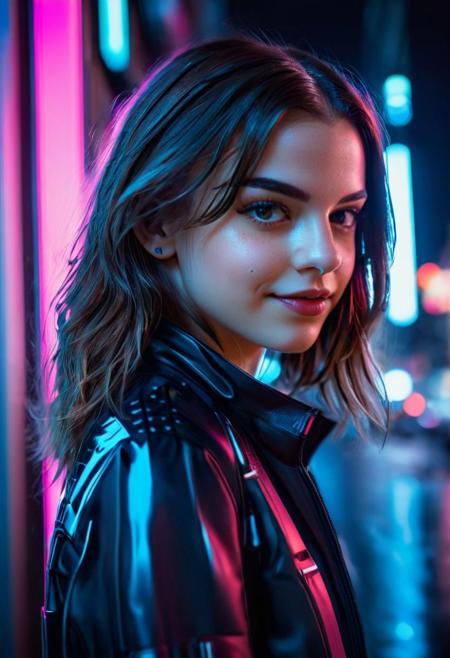 Visualize a professional, (Utopia,city:1.5), (Smile:1.5),high-resolution, mid-body portrait that brings to life the nuanced realism of a young woman with Android characteristics (with a car ((Toyota Calya)):1.0), amidst the distinct ambiance of a Utopia city. This photograph, captured with an advanced digital SLR camera, is renowned for its exceptional detail resolution and depth of field capabilities. Special attention is given to the woman's skin and eyes, aiming for an unparalleled level of realism that highlights the texture of her skin and the depth of her eyes, making them the focal points of the composition. The wide aperture setting ensures the subject is crisply in focus, with the city's neon-infused backdrop beautifully blurred, providing a contrast that accentuates the subject's features. The selection of the scene demands creativity and diversity, moving away from clichd representations to capture unique moments within the cyberpunk setting that are rich in detail and emotion. Advanced lighting techniques are employed to illuminate the skin and eyes vividly, showcasing the interplay of light and shadow that defines the contours and expressions. The aim is to create a portfolio of images that explore a variety of scenarios, expressions, and compositions, each telling its own story of the symbiosis between human and technology in a future world."8k,35mm, fflixdocphoto