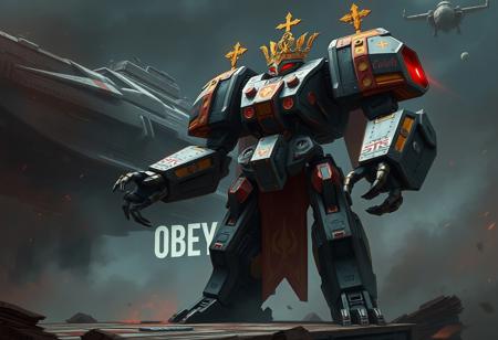 Generate a high-quality, hyper-ornate concept art image of a Warhammer-inspired robot, depicted as a titan and the new king of Great Britain, set against a backdrop of a dread scary spaceship, emphasizing power and authority. The image should evoke a sense of disbelief and awe. Style the artwork with brush strokes similar to AAA game concept art, drawing inspiration from Jama Jurabaev's style and the characters of Star Wars. Include mecha legs and 'obey' symbols. The image should be a full palette, cinematic shot, trending on ArtStation. The output should be in a visual format with a detailed description of the scene.