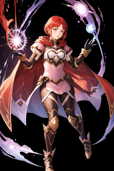 masterpiece, best quality, feMonica, feMonica, short hair, red cape, pink dress, white leggings, black gloves, brown boots, FEH, whole body, black background, simple background, purple magic, magic, furrowed brow <lora:monica-nvwls-v2-000010:0.9> <lora:FEH_Concept_v2:1>