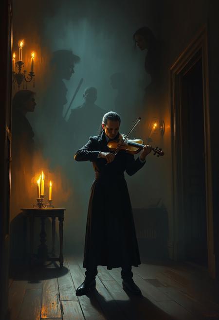 A solitary violinist plays in a candlelit room, as shadowy figures emerge from the corners of the frame, dramatic realism, dark fantasy atmosphere, solitary figures, painterly brushwork, intense chiaroscuro lighting, surreal mythic undertones, introspective mood, richly textured surfaces, high contrast composition, moody color palette, contemplative poses, narrative portraiture, emotional isolation, symbolic environments, modern classicism, mysterious elegance, epic storytelling, cinematic solitude