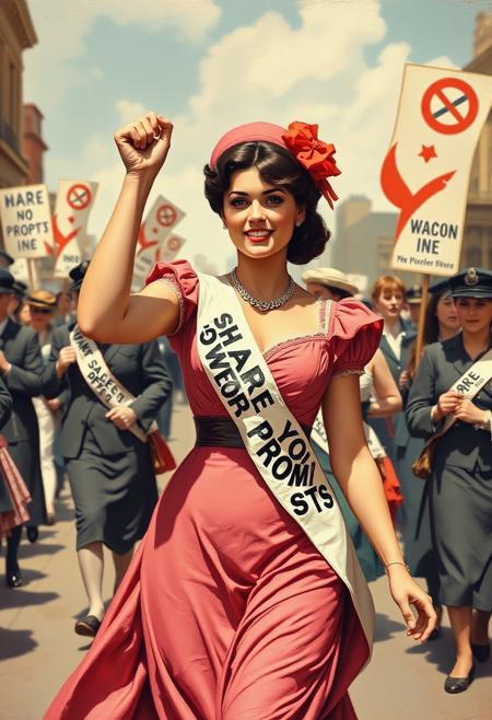 Retro a pinup painting of a Femail  suffragette, clad in Edwardian era style dress is marching in a demonstration, one fist raised in the air, wearing a sash that says "SHARE YOUR PROMPTS"