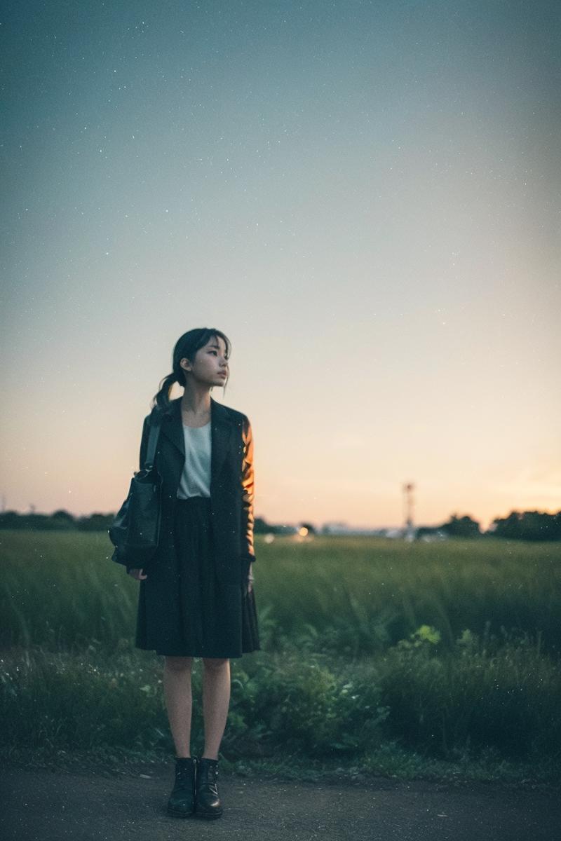 Woman in a black skirt and jacket standing in a field with a handbag.