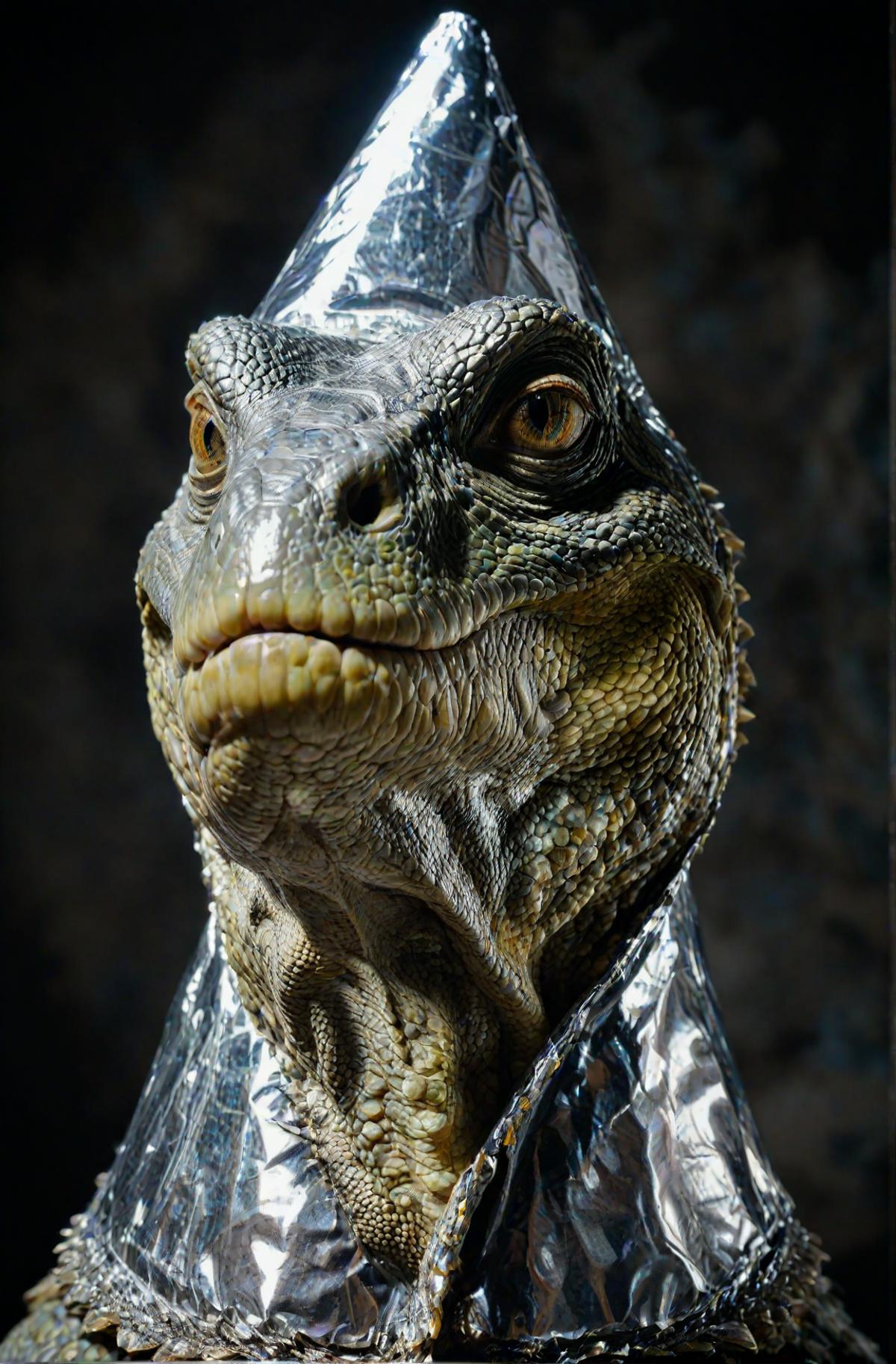 A Dinosaur-like creature with a metal hat and a metallic head dress.