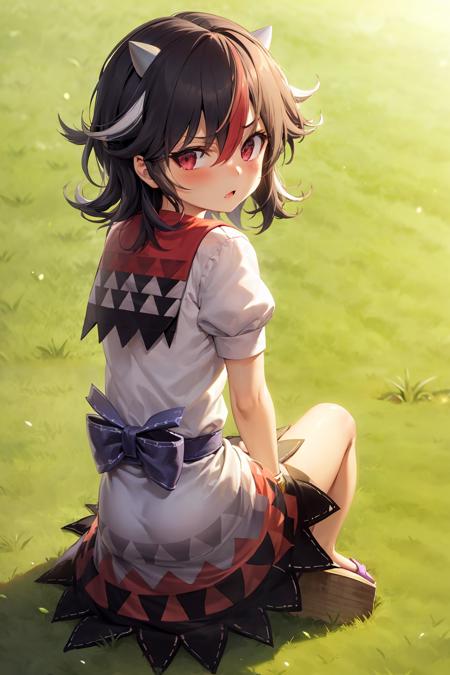 masterpiece, best quality,  <lora:KijinSeija:1>,1girl, kijin seija, solo, horns, multicolored hair, black hair, streaked hair, looking at viewer, short sleeves, dress, sitting, red hair, puffy short sleeves, white hair, puffy sleeves, hair between eyes, sandals, short hair, blush, white dress, bracelet, jewelry, bow, red eyes, grass, bangs, blue bow, outdoors, from above, arm support, closed mouth, lens flare, bowtie, red sailor collar, looking back, light particles