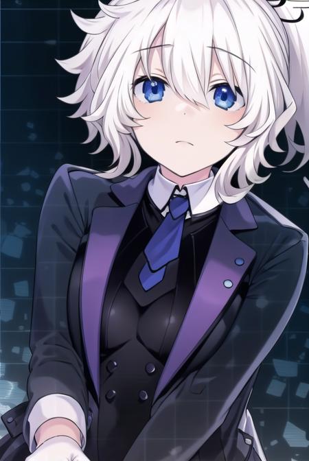 reedio, bangs, blue eyes, hair ornament, hair between eyes, ponytail, white hair, short hair, shirt, thighhighs, gloves, long sleeves, jacket, open clothes, necktie, shoes, shorts, collared shirt, white gloves, black footwear, vest, white thighhighs, open jacket, black shirt, short shorts, white jacket, white shorts,