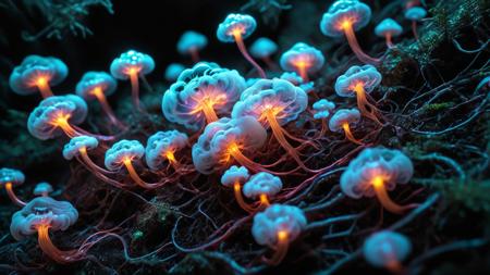 macro photography, (bokeh), dynamic camera angle, (made of swirling glowing clouds:2),  (made of tiny glowing neon glass filaments:1.2), <lora:World_of_Glass_Filament:.8>  <lora:sdxl_mythicalclouds:1> 
a dark alien forest, filled with massive, phosphorescent mushrooms, their eerie light casting long shadows among the thick, tangled vegetation, slime_mold, Physarum polycephalum streaming along as it forms a plasmodium with many nuclei without individual cell membranes, <lora:DonMM4ch1n3W0rldXL:0.1> black and pink