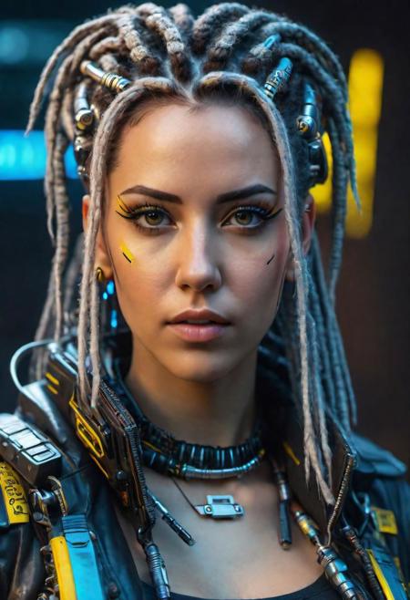 portrait of a cyberpunk style woman, cyberpunk2077, wearing a cyberpunk style outfit with metal parts, she has dreadlocks, wide cables and electronic parts in her hair, symmetrical eyes, fine details best quality, hyperdetailed face, photorealistic, highest quality, best shadow, highly detailed. photography, professional, 4k, 8k HD, highly detailed, professional, purple colors, purple light, purple atmosphere