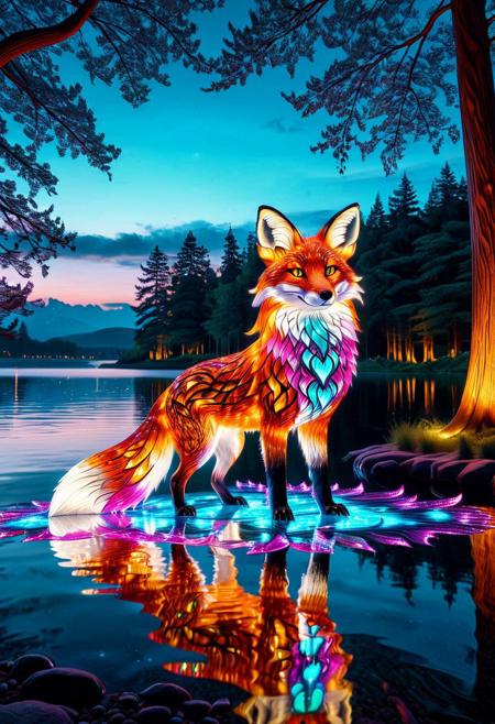 masterpiece, absurdres, newest awa, detailed, beautiful, amazing quality, majestic fox standing on a luminous, glassy lake under a twilight sky. Its fur is interwoven with flowing, morphing LED patterns that shift between vibrant cyan, magenta, and gold. 