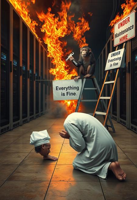 realistic, surreal, highly detailed, masterpiece, a priest kneeling on the ground, praying with his head touching the floor, in front of a monkey standing on a step ladder holding a wrench in front of a row of server machines that is on fire, there are sign that said "Under maintenance, everything is fine"