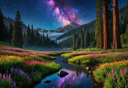 (masterpiece:1.5), (score_9, auto1111), extreme quality, reflection, surface reflection, Cinematic style, cinematic quality, ((no humans, no people)), photorealistic, realistic, a spectrum of iridescent colors, precise, fractal design, flowing curves, precision, fractal geometry, harmonic interference, altered realities, fantastical scenes, digital artistry, striking visuals, sharp focus, detailed background, light reflection, landscape of boundless opportunities, A huge open valley, starry sky, night sky, enormous redwood forest redwood trees dot the landscape, the valley is also covered in beautiful multicolored flowers, no life can be seen anywhere, (inspired by Lord of the rings), detailed landscape, dynamic shaders, vibrant colors, flowing stream, luminescent water, large boulders, layered Stone, ground fog, mist,