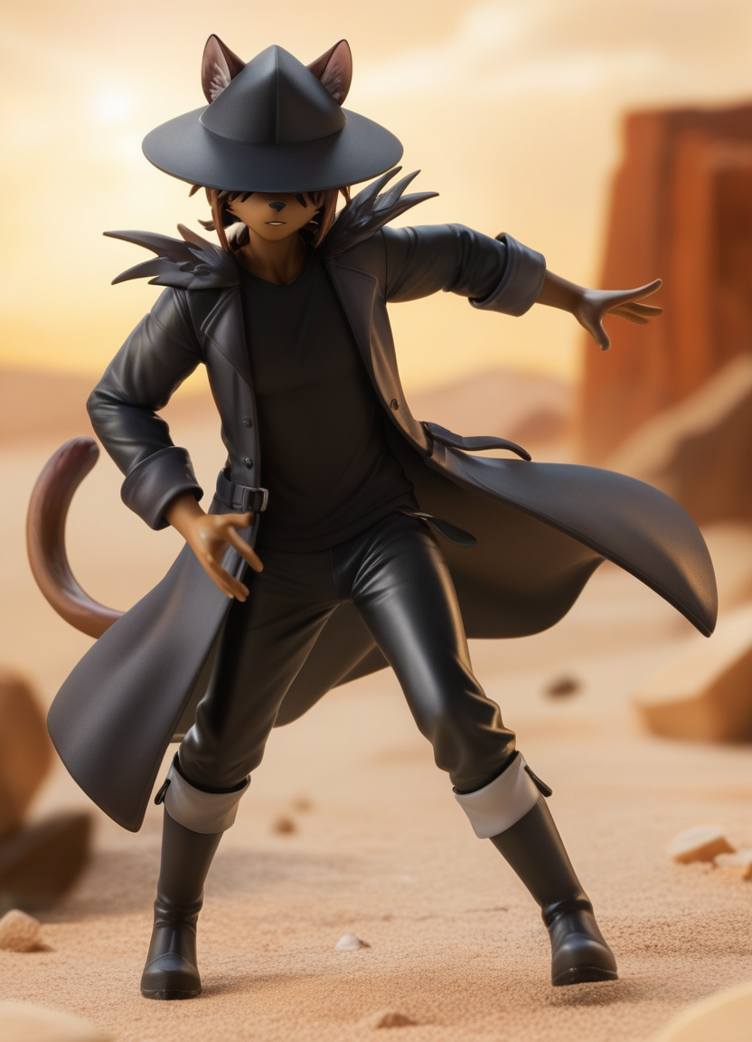score_9, score_8_up, score_7_up, score_6_up, (carlos_gamerfox:1), ((male focus, 1boy, solo)), male, full body, anthro cat, cat ears, cat tail, brown hair, brown fur, black nose, animal ears, hat, black headwear, hat over eyes, coat, black coat, shirt, black shirt, boots, black footwear, pants, black pants, dynamic pose,  desert background<lora:CarlosGamerfox-000007:0.8>