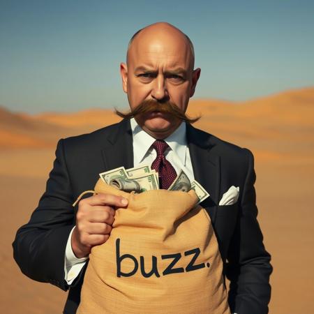 concept art, lawyer, thick mustache, bald headed, sideburns, desert, bag full of cash, portrait shot, „buzz“ written on bag, sweating, sand, dramatic angle, suit, tie
