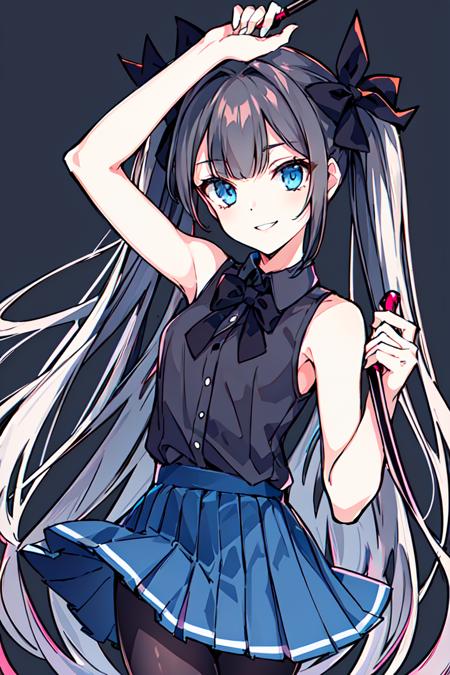 <lora:Cierra:0.8>1girl, white skirt, skirt, long hair, solo, blue eyes, black shirt, shirt, sleeveless, bow, black hair, hair bow, black background, sleeveless shirt, pleated skirt, smile, pantyhose, twintails, holding, bangs, black bow, very long hair, bare shoulders, parted lips, bare arms, simple background, wand, breasts, looking at viewer, collared shirt, small breasts, holding wand, arm up, black pantyhose