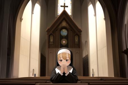 littlenuns, 1girl, praying, nun, church, <lora:littlenuns-000020:0.6>, masterpiece, best quality