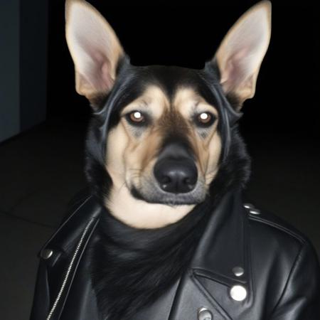 highres,absurdres,masterpiece, albumcover, trending, karmimarminsky dog,1980s \(style\),dressed as a goth,fully clothed with leather jacket,(wearing black gothic wig:1.1),<lora:offset_0.2:1>,<lora:karmikarminskyxl:1>,