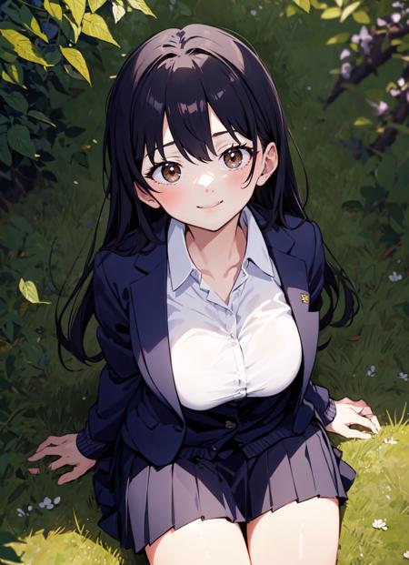 masterpiece, absurdres, ultra-detailed, Yamada Anna, 1girl, solo, long hair, blush, large breasts, black hair, long sleeves, brown eyes, school uniform, jacket, white shirt, pleated skirt, collared shirt, blue skirt, blazer, cardigan, blue jacket, (realistic:0.35), blush, smile, from above, looking at viewer, outdoors, outdoors, sitting on grass, colorful, breast pocket, <lora:Yamada_Anna-15:0.65>,