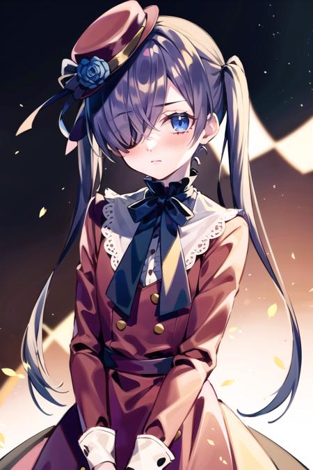 best quality, masterpiece,  <lora:ciel_phantomhivev2-10:0.7>,cielv2, 1boy, solo,  hair over one eye, hat, pink dress, (long hair, twintails:1.3),blush,