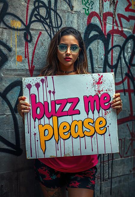 "A vibrant and colorful woman holding sign featuring bold and stylized text that reads 'buzz me please', spray-painted with dynamic drips and splatters, surrounded by intricate graffiti art, tags, and abstract designs, realistic texture of concrete wall, vibrant neon colors, high contrast, urban atmosphere, gritty yet artistic, photorealistic details, 8K resolution, cinematic lighting, capturing the essence of street art culture, raw and edgy vibe, perfect composition, ultra-detailed, ultra-sharp focus, stunning visual impact."