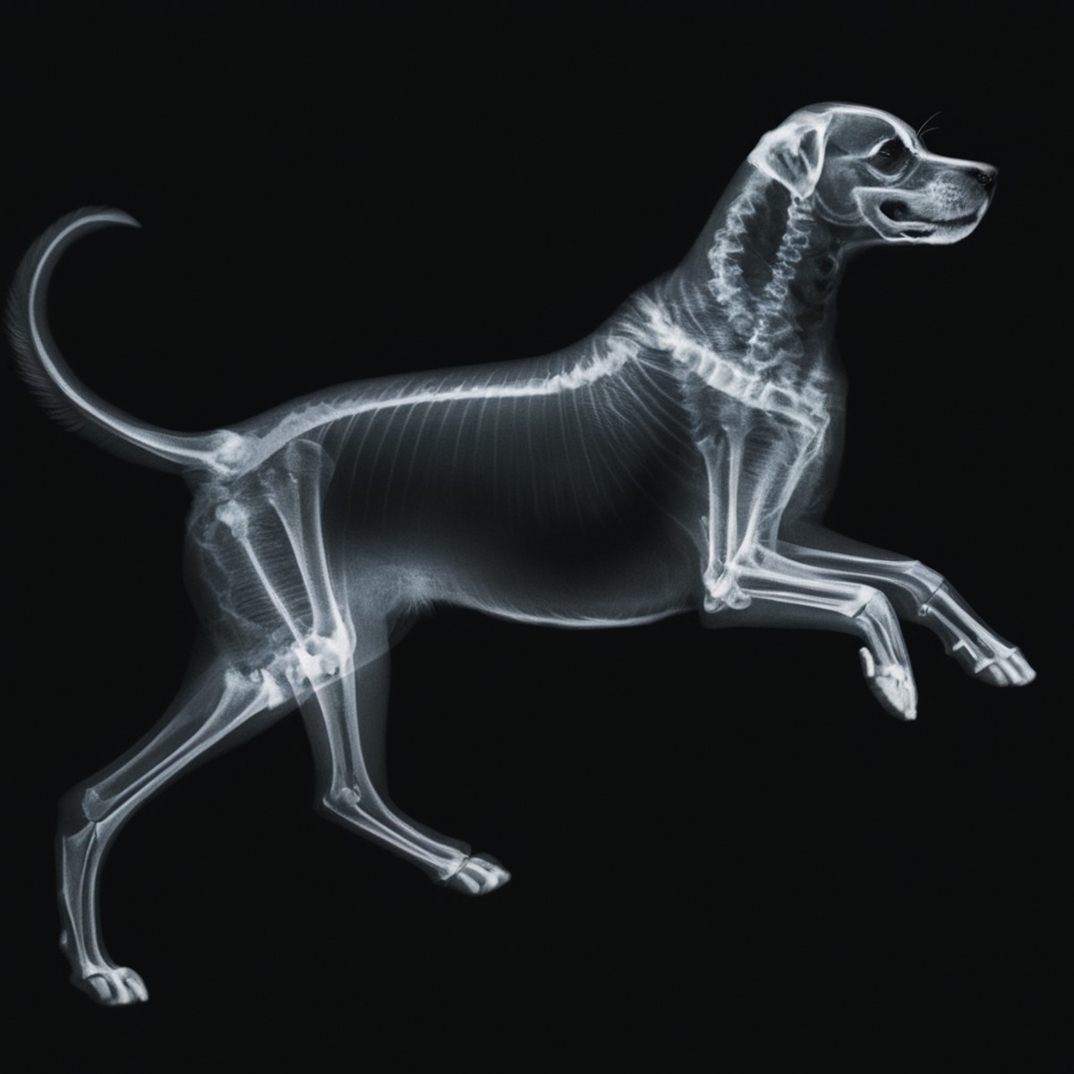 cinematic film still of  <lora:x-ray style:1> X-ray of
a skeleton of a dog running across a black background,x-ray style, ...