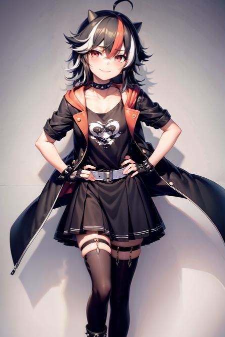 masterpiece, best quality,  <lora:KijinSeija:1>,1girl, solo, kijin seija, skirt, streaked hair, horns,  striped, looking at viewer, black hair, red hair, asymmetrical legwear, shirt, multicolored hair, red skirt, thighhighs, standing, spikes, black shirt, white hair, miniskirt, red eyes, collarbone, short sleeves, full body, spiked collar, black footwear, alternate costume, short hair, thigh strap, jacket, hood, socks, open clothes, hand on hip, mismatched legwear, blush, bangs, smile, thighs, open jacket, jewelry, uneven legwear, contemporary, striped thighhighs, drawstring, pleated skirt, kneehighs, ahoge, black jacket, gloves, belt, collar, black gloves, black skirt, fingerless gloves, bracelet, zettai ryouiki, black belt, single thighhigh, casual, hoodie, layered skirt, hooded jacket, black collar, hair between eyes, spiked bracelet, skindentation, hood down, choker, frills, single kneehigh, breasts, arm warmers, t-shirt, boots, black choker, leg belt, single sock