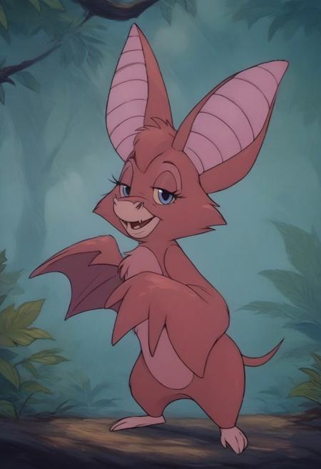 Score 9, Score_8_up, Score_7_up, source furry, (full body in frame:2.0), Foxglove bat, bat girl, bat feet, very big bat wings, bat wings much bigger than body, in a magical forest, green trees, rays of sunshine,  3/4 side view, seductive look, looking at viewer,