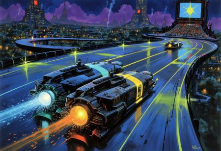 A dramatic, high-octane scene unfolds on a sleek, futuristic racetrack illuminated by dazzling neon lights. The view is tilted at a dynamic Dutch angle, intensifying the sense of speed and chaos. Two hyper-modern racing vehicles, their aerodynamic forms glowing with vibrant streaks of electric cyan and fiery gold, blaze down the track, leaving trails of luminous particles and shimmering overdrive effects in their wake.The track itself is a futuristic construction, suspended above a sprawling, cyberpunk cityscape. Skyscrapers adorned with glowing holographic billboards stretch into the night sky, their reflections rippling across a rain-slicked surface that mirrors the kaleidoscope of colors above. Sharp focus captures every detail—the intricate design of the vehicles, the glowing turbines, and the heat ripples distorting the air behind them.Light particles in the atmosphere, caught in the dazzling interplay of radiant purples, greens, and reds emanating from the track’s perimeter. The scene exudes tension and drama as the vehicles weave through tight turns, sparks flying from their engines and chassis as they push to their limits.In the background, towering spectator stands are packed with figures silhouetted against an haze, their cheers drowned out by the deafening roar of engines. A sense of urgency permeates the image, every detail amplified by the dramatic composition, sharp contrasts, and vivid, glowing colors that scream adrenaline and uncompromising speed.