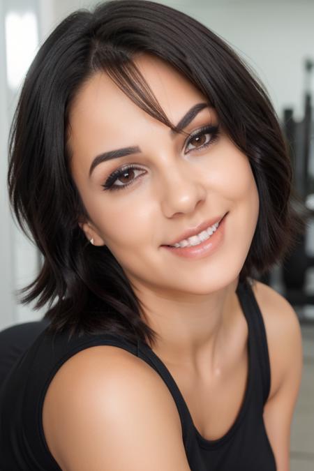 Beautiful woman with, black lob bobbed haircut, brown eyes, wearing  training pants, sports top, wet skin, sweat, in a gym,teasing, posing, cute ass  sexy, sexy face , perfect face, perfect bodyultra-detailed face, ultra-detailed eyes, looking at viewver , <lora:crazym:0.6>, smiling, teeth, looking at viewver, nfsw, cleavage