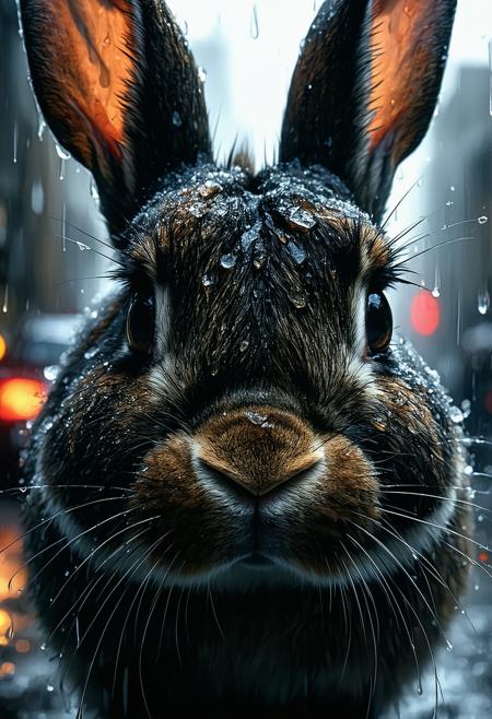Frank Miller Sin City comic style. Extreme close-up: Bunny's head snaps upward, intense wide-eyed gaze locking onto viewer. Stark high-contrast absolute black and white, dramatic chiaroscuro casting harsh graphic shadows. Sharp focus isolates piercing dark eyes, glistening wet fur emphasized against deep shadow. Rain-slicked gritty urban twilight backdrop, softly blurred. Tense, surreal atmosphere; unexpected confrontational energy radiates from the sudden focused awareness. Wet black eyes reflect blurred city lights.