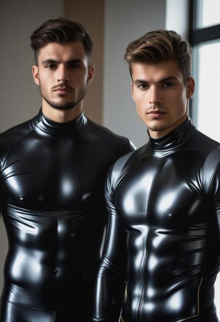 two strong 24-year-old italian hunk males, with a side fringe curtains hairstyle, detailed face, confused expressions, wearing a skin tight black latex suits with gold and gray latex details, standing at attention posture, fullbody shot, on a modern living room, looking to the camera, detailed face, professional photography, shot on sony a 7RIII , looking to the camera,  detailed skin face and eyes, natural lighting ,  film grain, low contrast, natural face,  dark circles under eyes