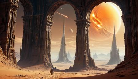 Ancient alien ruins made of golden sand, crumbling under the scorching sun, with jagged spires and cracked archways in a vast desert on an arid planet, sci-fi art style, DonMM4ch1n3W0rldXL