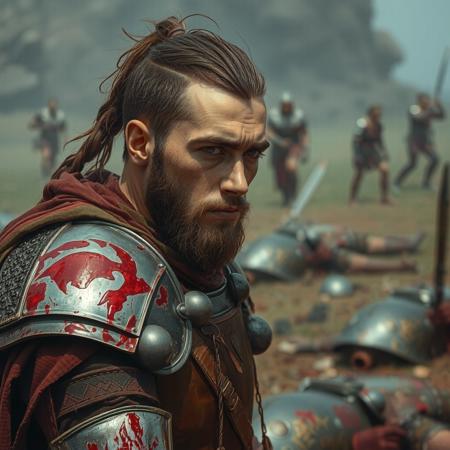 a beautiful male warrior wearing an armor, he is tire, sweaty and bloody from a battle, corpses lay on the ground