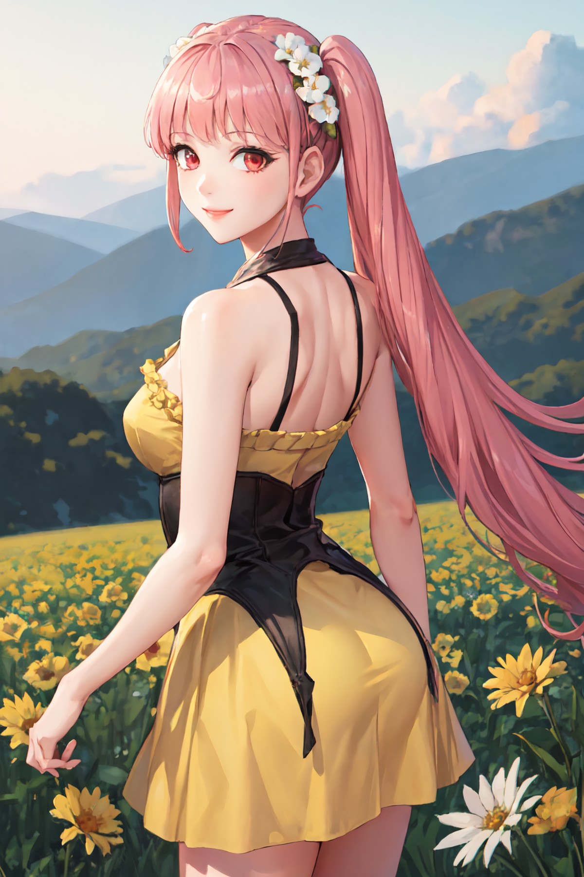 (masterpiece, best quality:1.2), solo, 1girl, hildarnd, smile, looking back, twintails, (yellow sundress:1.1), flower fiel...
