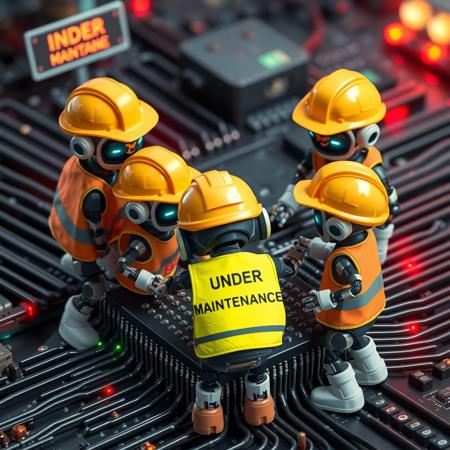 an adorable team of robots wearing hard hats and safety vests working on a giant microchip, signs saying "under maintenance" with flashing lights.