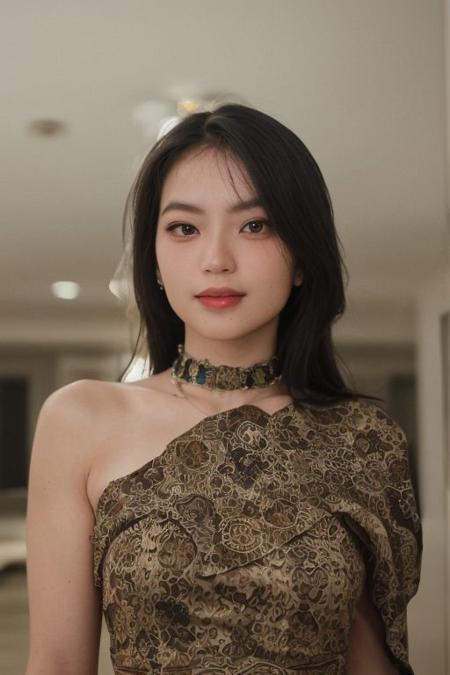 oone pretty japanese girl, solo, black hair, collarbone, big tits, cleavage, necklace, jewelry, orange patterned dress, looking at viewer, indoor, bokeh, upper body, film grain, cowboy shot, epiCPhoto, (extreamly detailed pupil, extreamly detailed eyes,(proportional eyes, same size eyes),perfect eyes looking, bright eyes,(detailed eyes), long eyelash, downing eyes), (looking at viewer),((proportion body)), (extreamly detailed face, extreamly detailed eyes, extreamly detailed nose, extreamly detailed lips), ((shiny skin)), ((jawline, strong jawline), ((dimple)), collar choker, Messy long hair, epiCPhoto,BadDream , ((smirk))