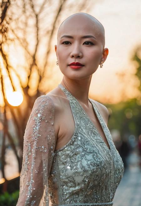 portrait photo of Yu-jinNobodySD15 slender radiant beautiful Asian woman (bald head:2) evening dress depth of field bokeh bright morning light (masterpiece) (best quality) (detailed) (8k) (HDR) (wallpaper) (cinematic lighting) (sharp focus) (intricate)