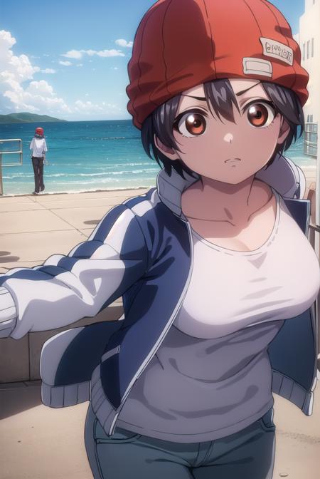 fuukoizumo, <lora:fuuko izumo s1-lora-nochekaiser:1>,
fuuko izumo, black hair, hair between eyes, (brown eyes:1.5), short hair,
BREAK shirt, white shirt, jacket, open jacket, pants, denim, beanie, (red beanie:1.2),
BREAK outdoors, city, sky, clouds, sun,
BREAK looking at viewer, (cowboy shot:1.5),
BREAK <lyco:GoodHands-beta2:1>, (masterpiece:1.2), best quality, high resolution, unity 8k wallpaper, (illustration:0.8), (beautiful detailed eyes:1.6), extremely detailed face, perfect lighting, extremely detailed CG, (perfect hands, perfect anatomy),