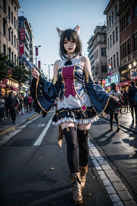 best quality, masterpiece, realistic, (photorealistic:1.4), 1girl, solo, full body, karyl costplay costume, cosplay, animal ears, detached sleeves, thighhighs, boots, arm at side, detailed background, in street, night, <lora:karyl_cosplay_costume_v1:0.7>