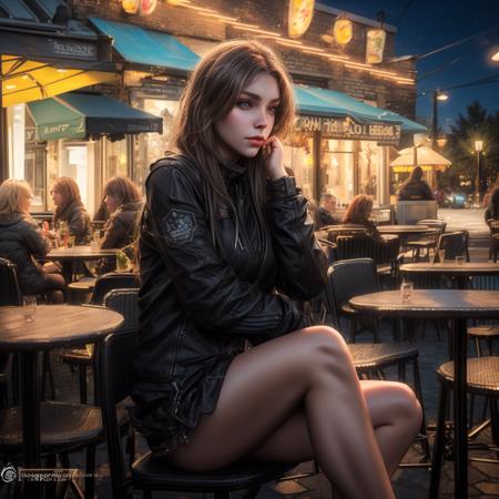 Alexeevafap,<lora:Alexeevafap_v2-000003:1.5>,detailed,realistic,sitting in a outdoor cafe 2015,afternoon lightning,piercing eyes,looking straight,dark long hair,Photorealistic,8k,