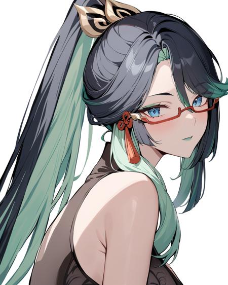 masterpiece, best quality,  <lora:liuyun:1>ï¼1girl, hand_fan, solo, holding_fan, looking_at_viewer, glasses, multicolored_hair, holding, black_hair, ponytail, breasts, hair_ornament, long_hair, folding_fan, white_background, chinese_clothes, bare_shoulders, dress, makeup, blue_eyes, bangs, green_hair, from_side, upper_body, china_dress, simple_background, looking_to_the_side, eyeshadow, lace_trim, shadow, gloves, ribbon, red-framed_eyewear